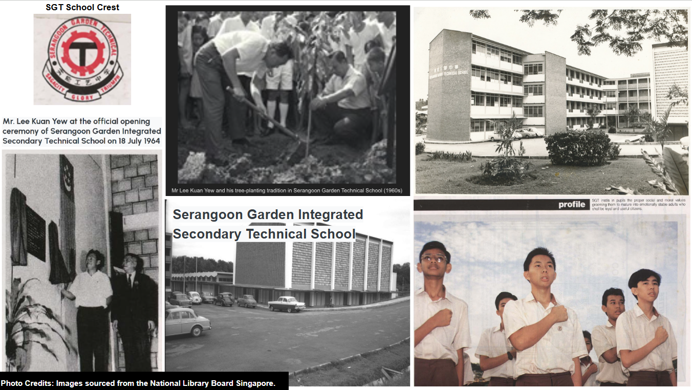 Collage of historical photographs and text documenting Serangoon Garden Integrated Secondary Technical School, including a black-and-white photo of a tree-planting ceremony in 1964 and images of the school building and students. The collage features a school crest, captions, and a profile section, highlighting the school's establishment and early activities.